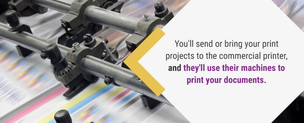 You'll send or bring your print projects to the commercial printer and they'll use their machines to print your documents