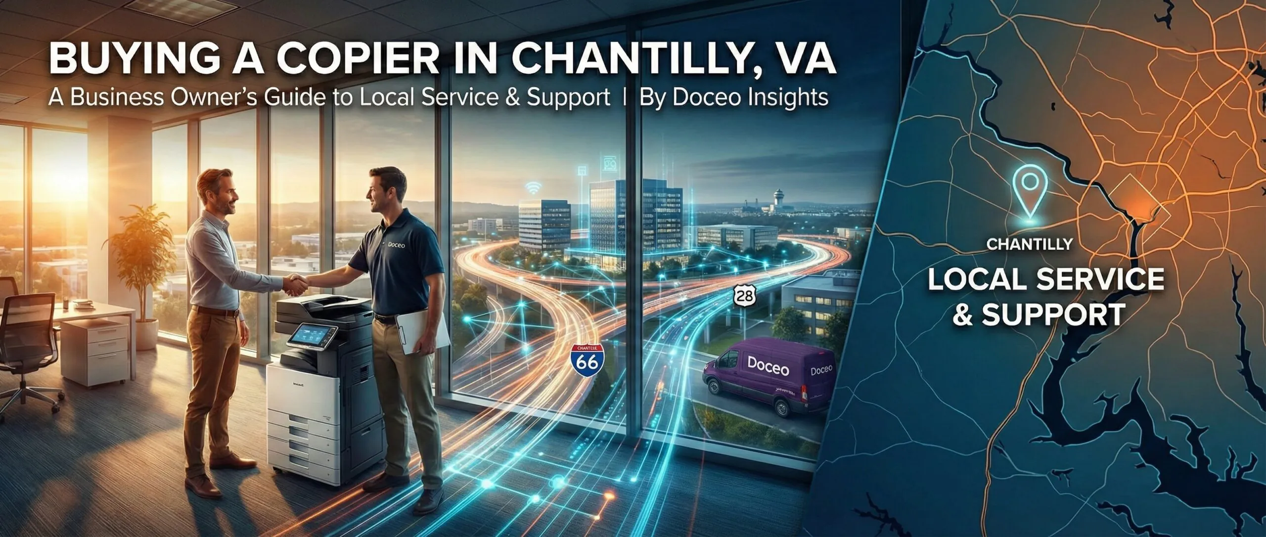 Business owner and Doceo technician shaking hands in a high-rise office overlooking Route 28, representing the benefits of buying a copier in Chantilly VA from a local provider.