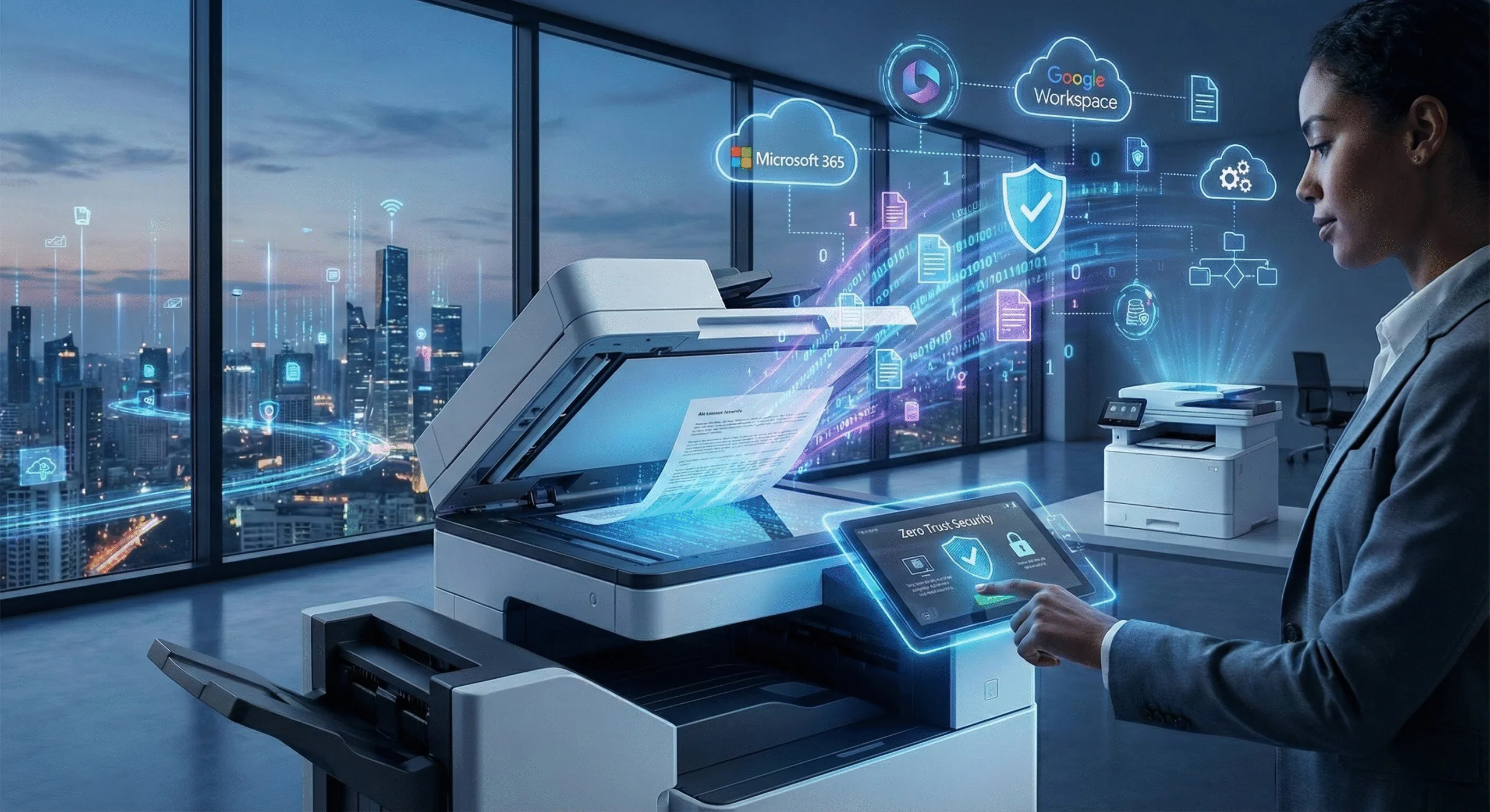 Professional using smart office printing technology featuring Zero Trust security and cloud workflow integrations on an intelligent MFP.