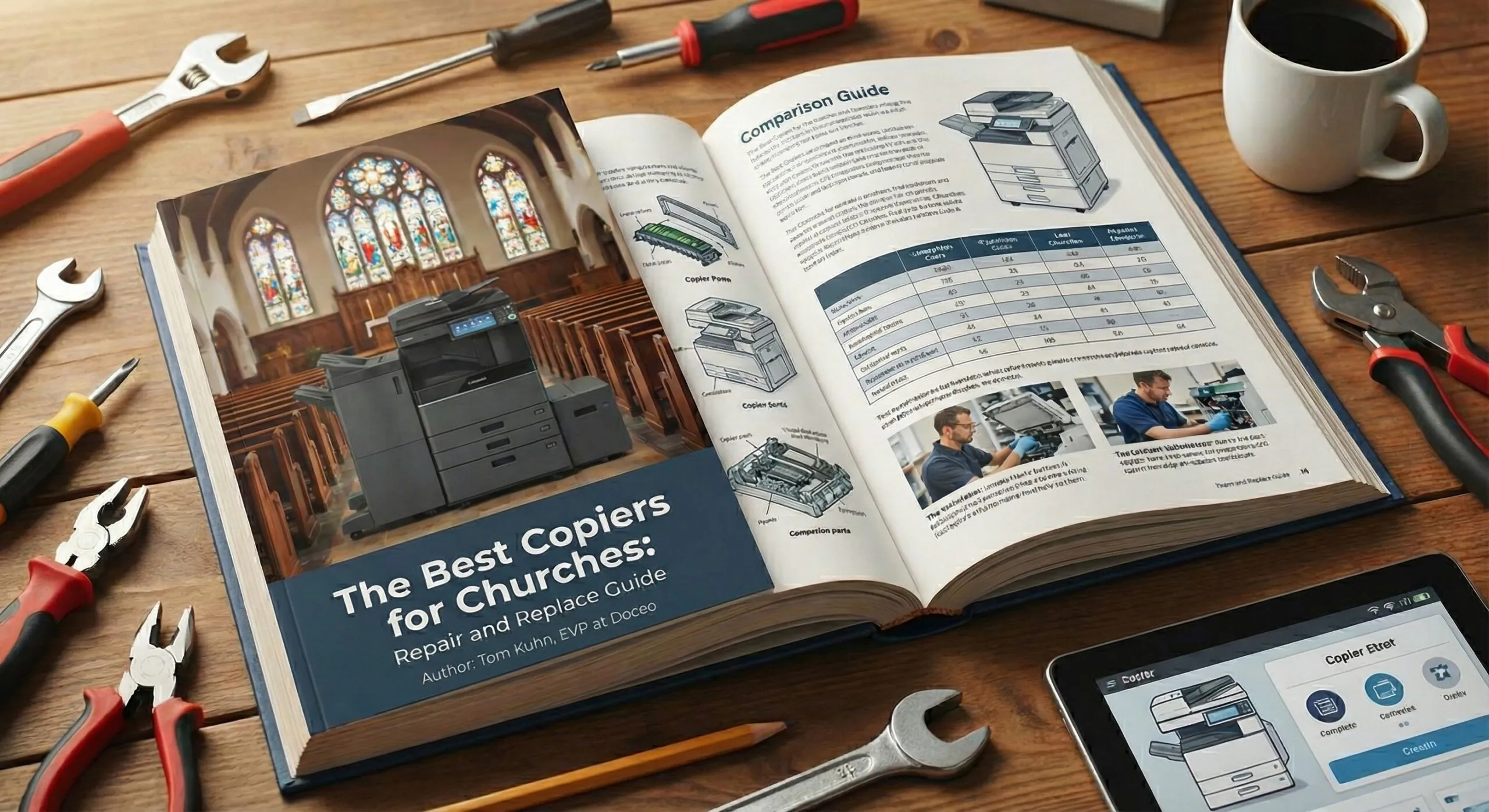 A guide book titled "The Best Copiers for Churches: Repair and Replace Guide" by Tom Kuhn sitting on a desk surrounded by tools and a tablet, illustrating the decision to repair or upgrade church equipment.