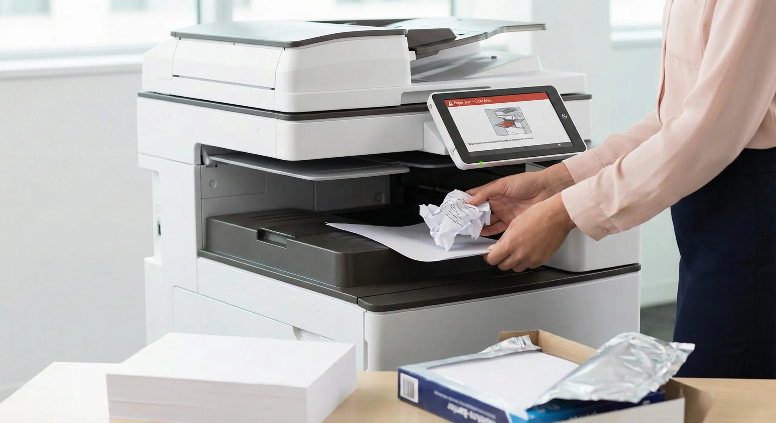 Office professional removing crumpled paper to fix printer paper jams in a modern multifunction printer.