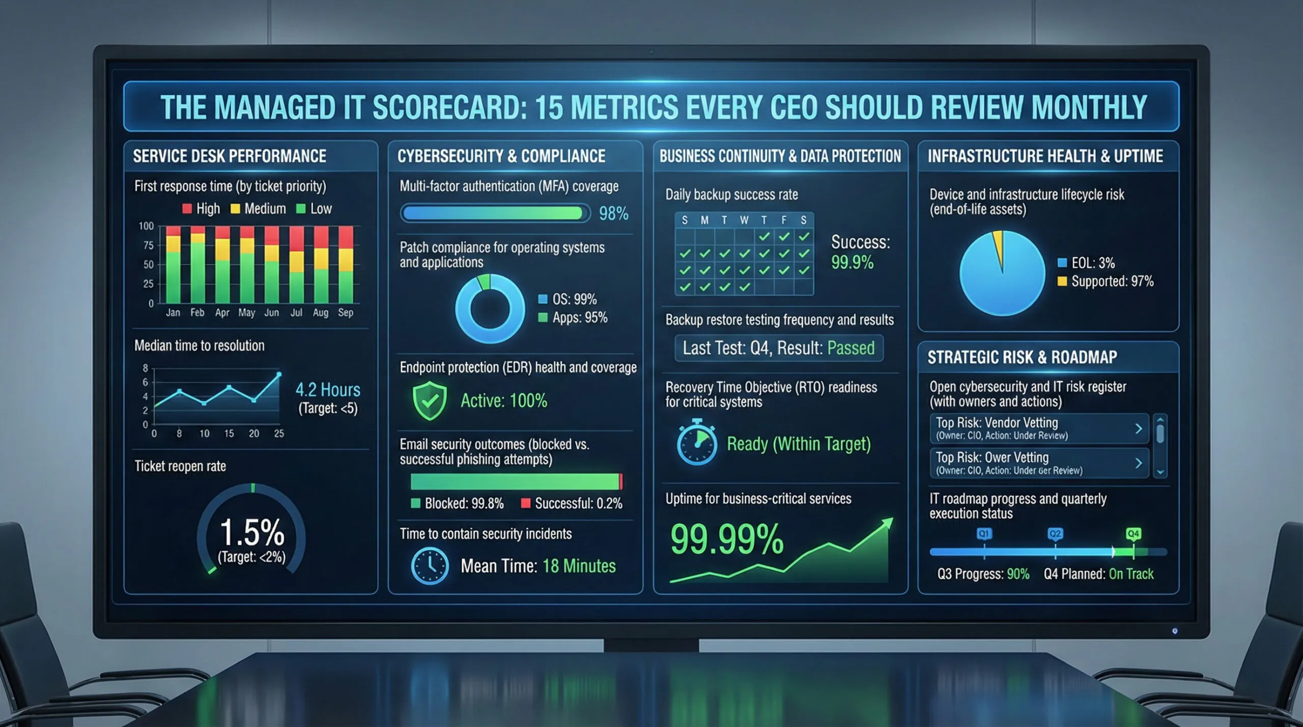 Managed IT scorecard dashboard showing 15 key metrics CEOs should review monthly, including security, uptime, backups, and service performance
