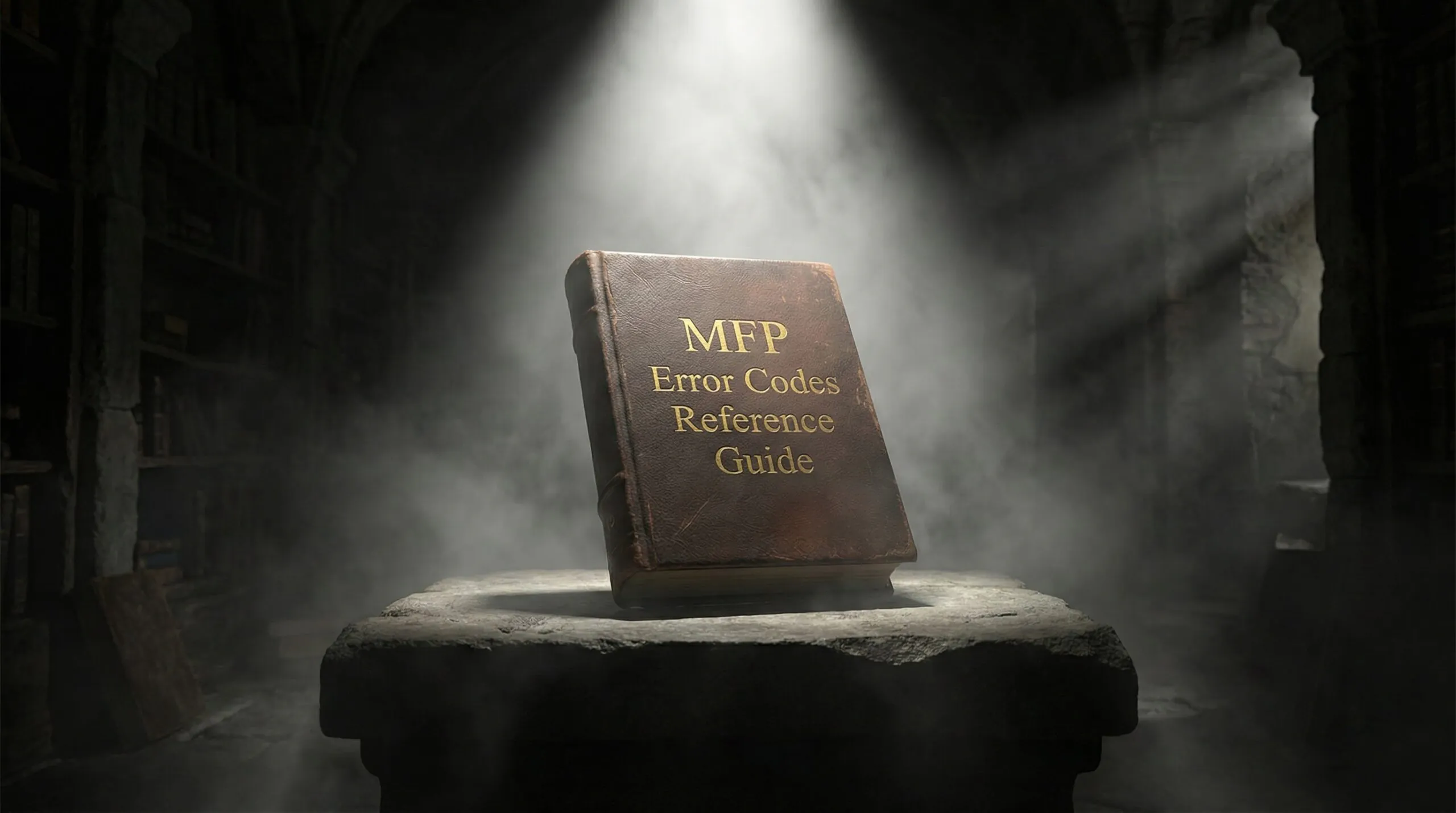 A dramatic illustration of a book titled MFP Error Codes Reference Guide spotlighted on a pedestal, representing the solution to obscure printer issues.