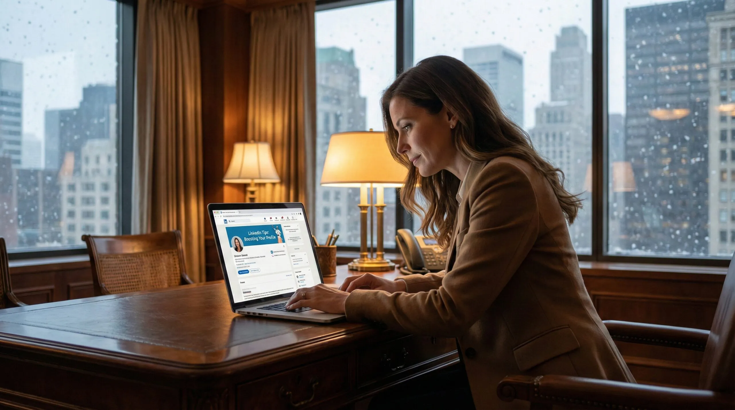 Professional reviewing LinkedIn tips on laptop screen