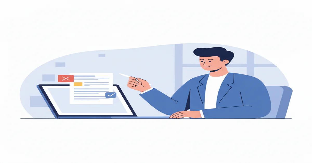 Business professional reviewing AI copywriting mistakes on laptop with error and approval indicators