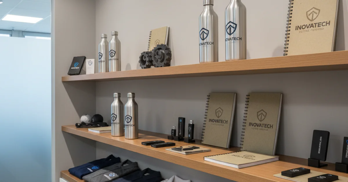 Corporate branded merchandise store displaying custom company products and apparel