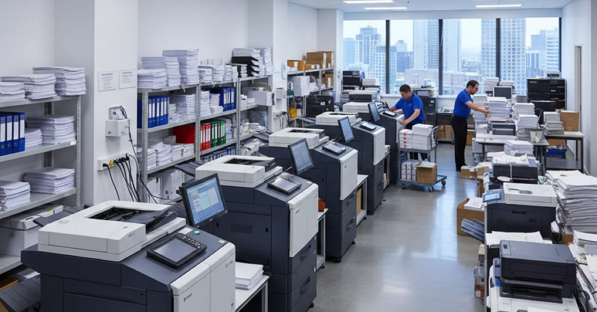 Busy corporate print room illustrating the decision to outsource printing vs manage in-house