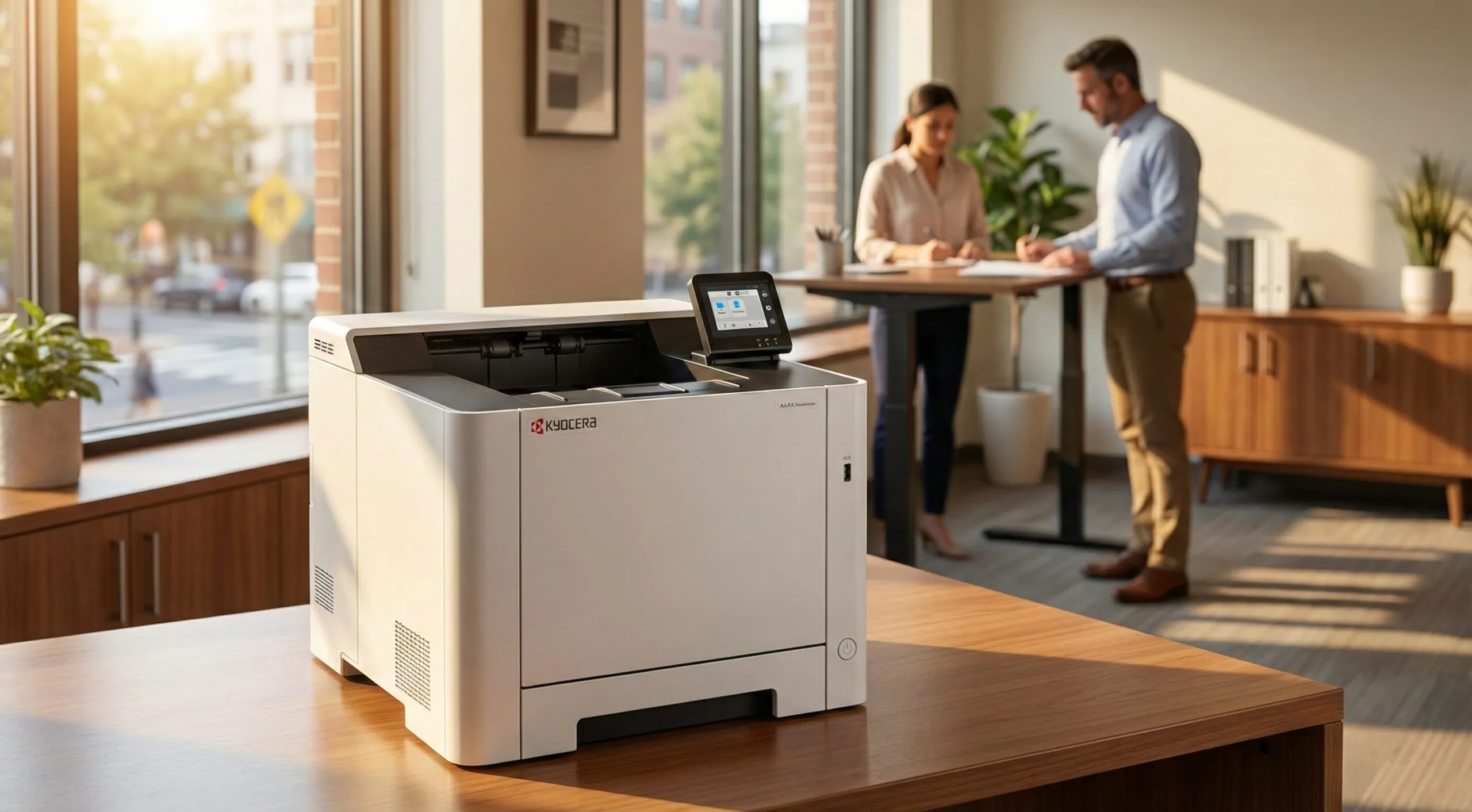 A sleek Kyocera A4 printer in a modern SMB office setting