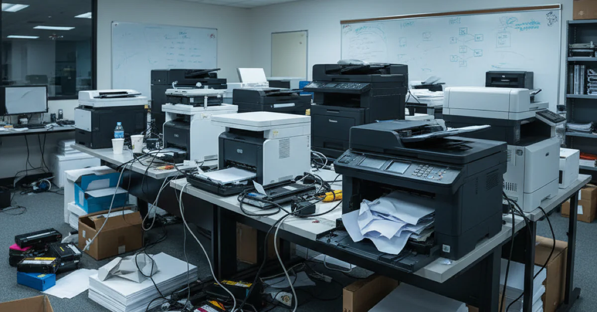 Office print room showing the true cost of in-house printing with equipment and supplies